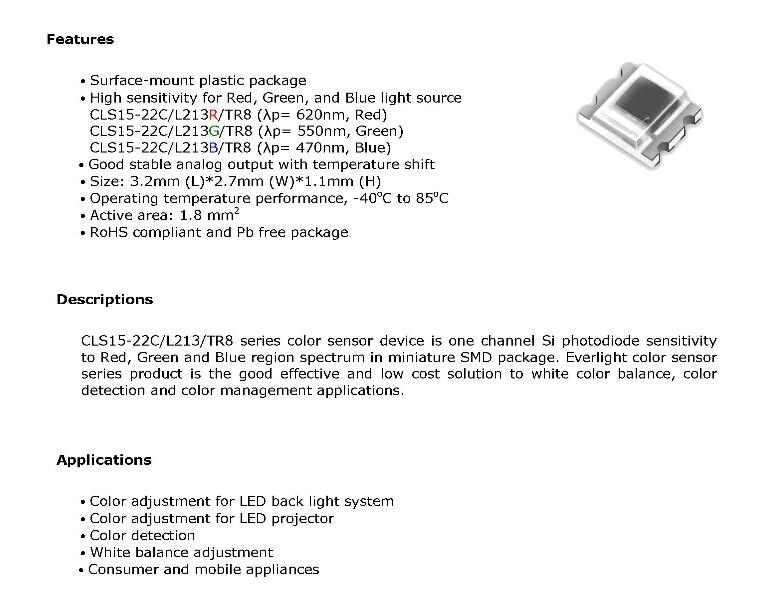 CLS15-22C/L213B/TR8亿光颜色传感器特点及应用