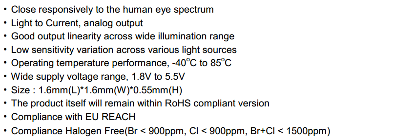 ALS-PDIC17-77C/TR8光线传感器特点