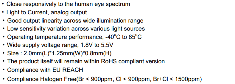 ALS-PDIC17-55C/TR8光线感应器特点