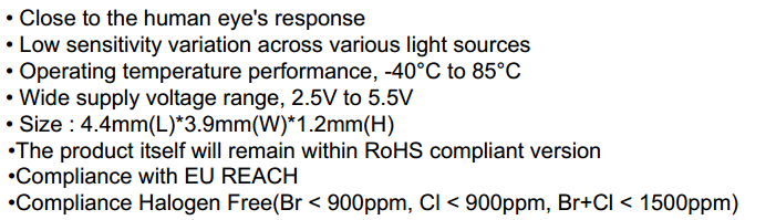 ALS-PD70-01C/TR7环境光传感器特点